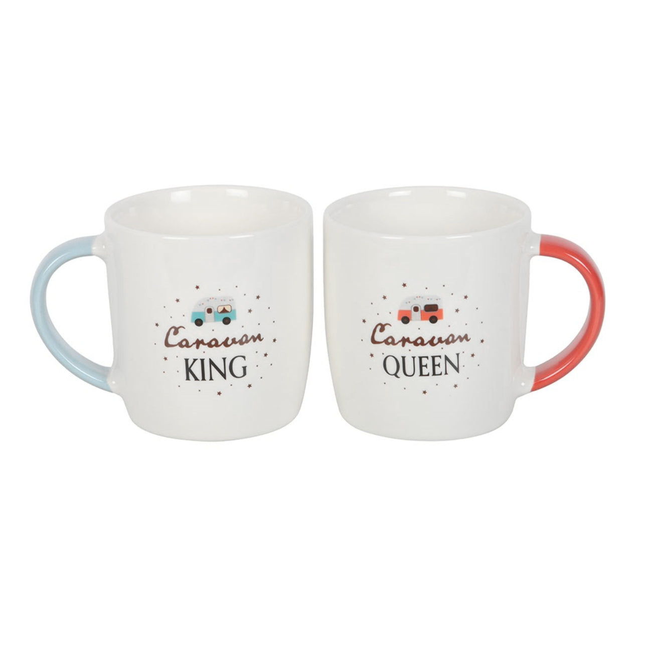 set of Two mugs with 'Caravan King' and 'Caravan Queen' text on a white background
