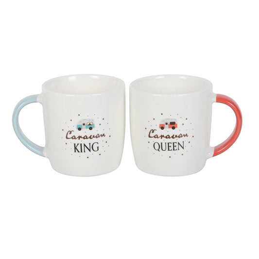 set of Two mugs with 'Caravan King' and 'Caravan Queen' text on a white background