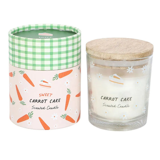 scented candle with a decorative container with carrot pattern and checkered lid, printed glass jar candle with wooden lid.