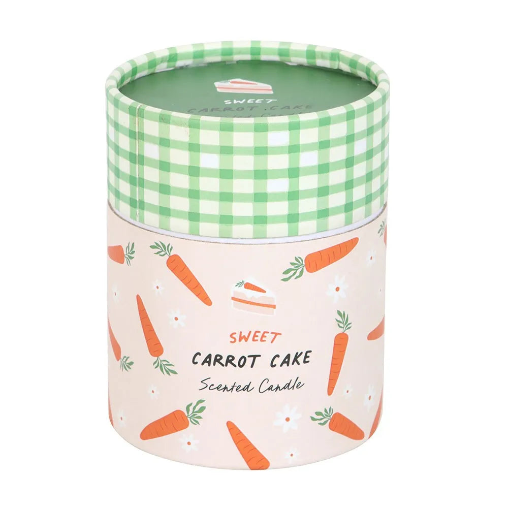 Scented candle container with carrot pattern and green checkered lid on a white background