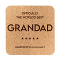 Cork coaster with text 'Officially the world's best Grandad' on a white background