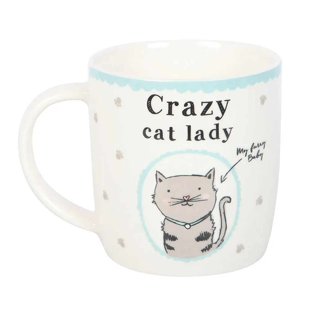 Mug with 'Crazy cat lady' text and a cat illustration on a white background