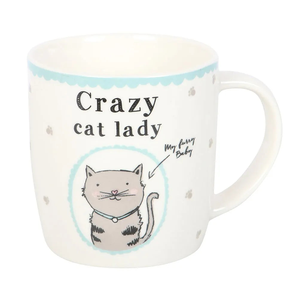 Mug with 'Crazy cat lady' text and a cat illustration on a white background