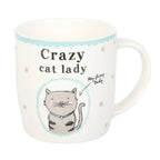 Mug with 'Crazy cat lady' text and a cat illustration on a white background