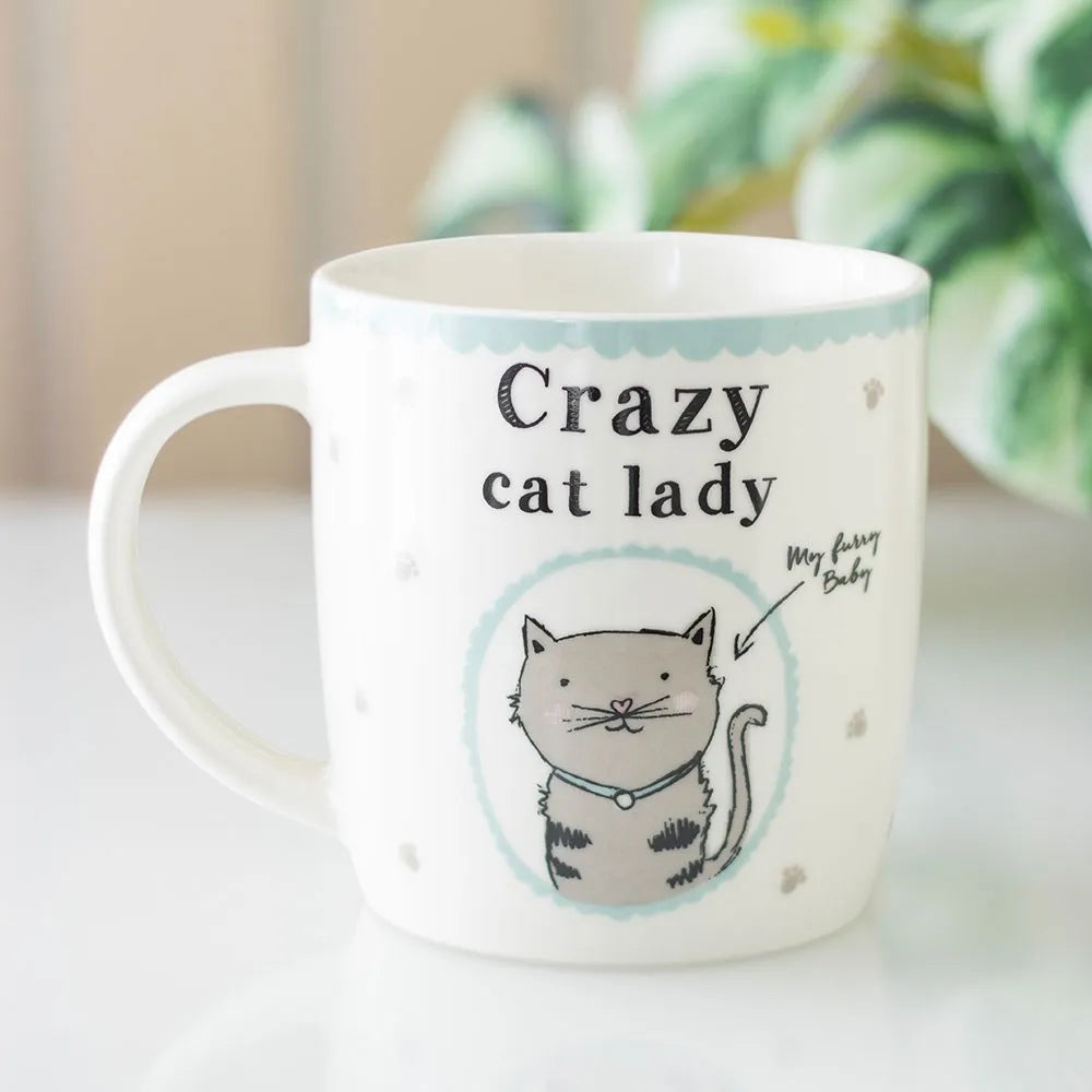 Mug with 'Crazy cat lady' text and a cat illustration on a white background