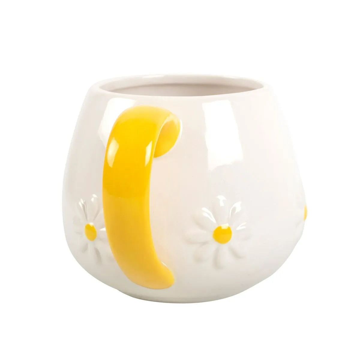 White ceramic mug with yellow accents on a white background