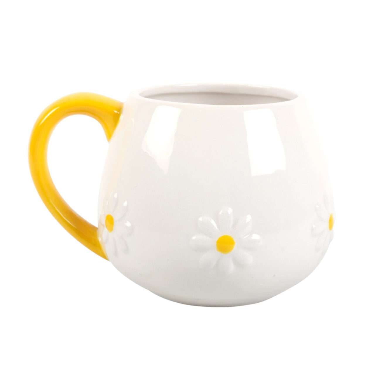 White mug with yellow handle and daisy floral design on a white background