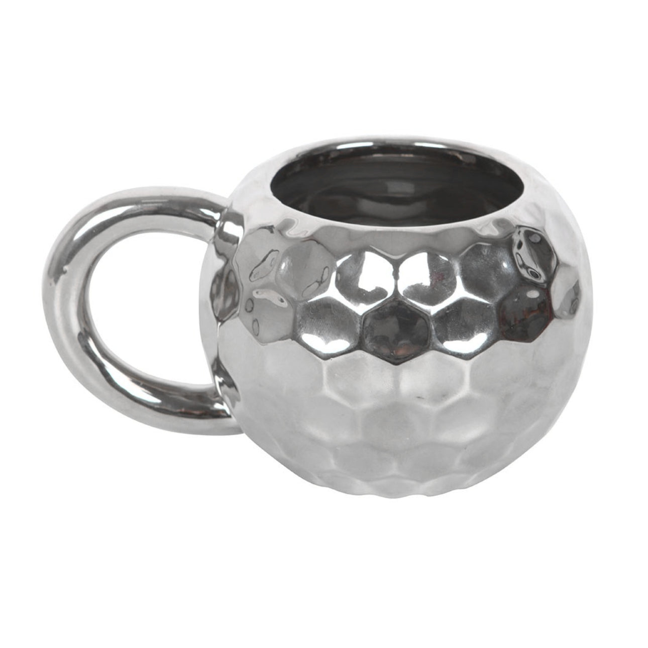 Silver disco mirror ball shaped textured mug on a white background