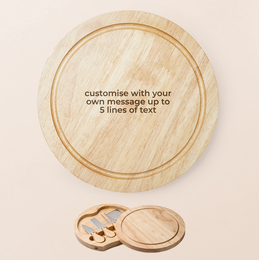 a wooden cheese board with custom text of up to 5 lines of text engraved