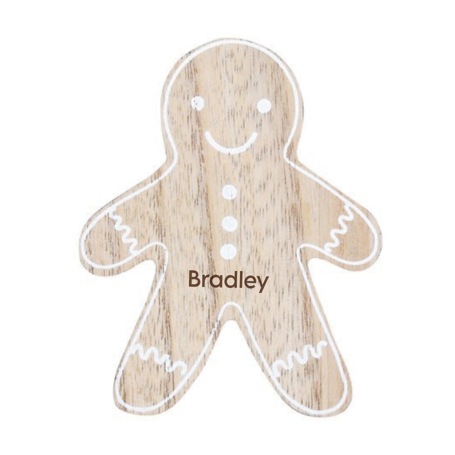 a gingerbread man shaped coaster with engraved name