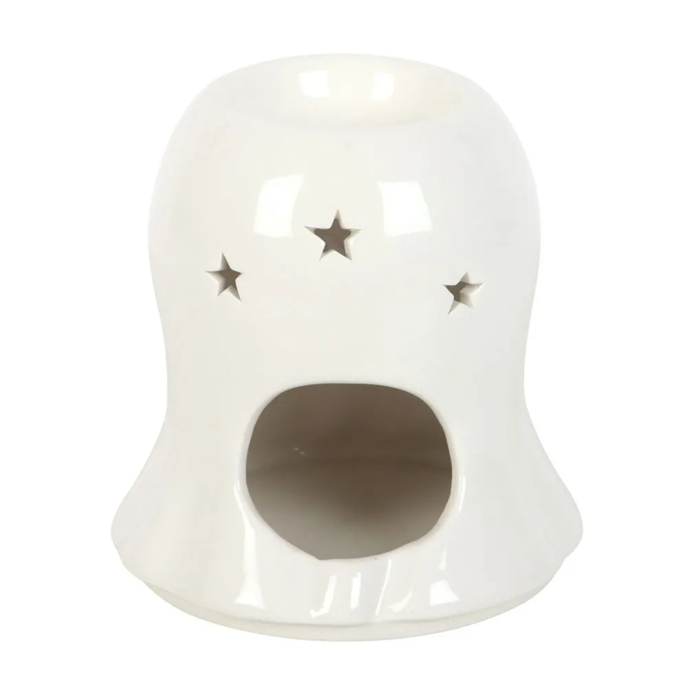 A white ceramic ghost-shaped holder with star-shaped cutouts on the front and a large opening at the bottom, shown on a plain white background.