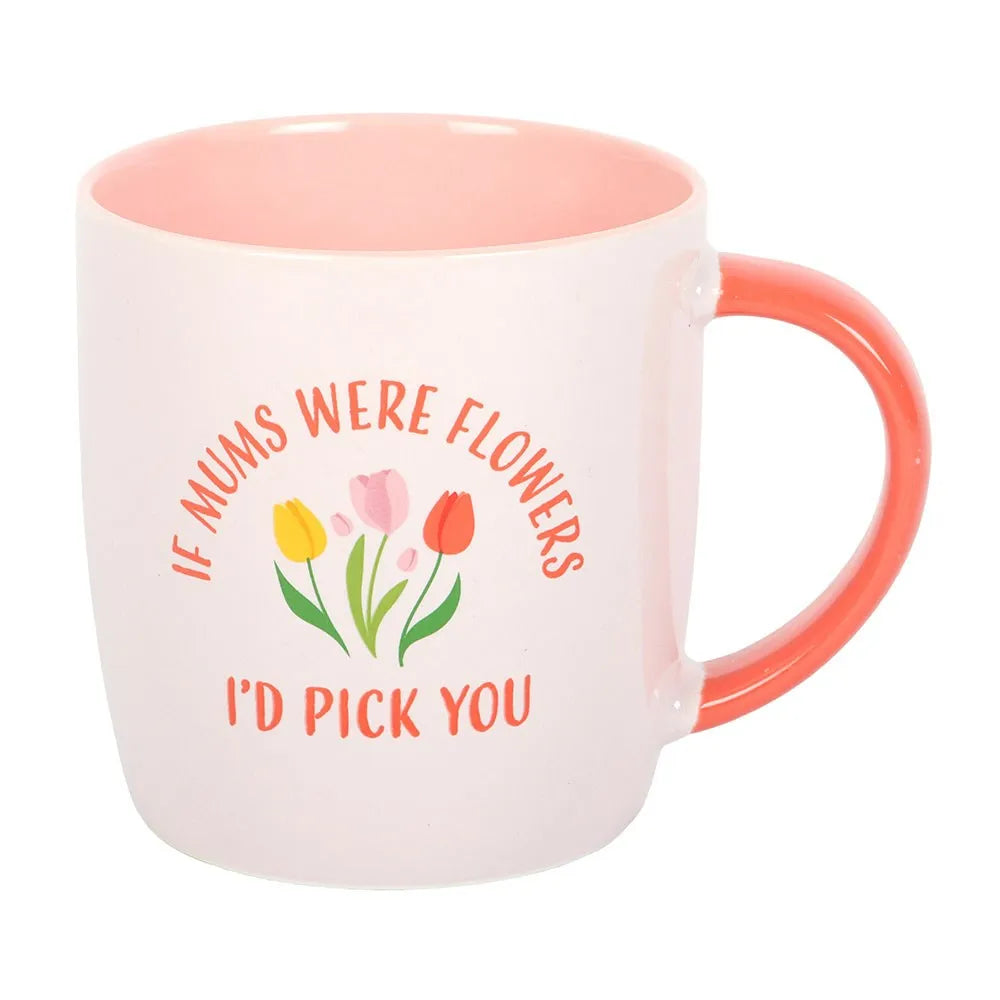 Mug with floral design and text on a white background