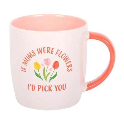Mug with floral design and text on a white background