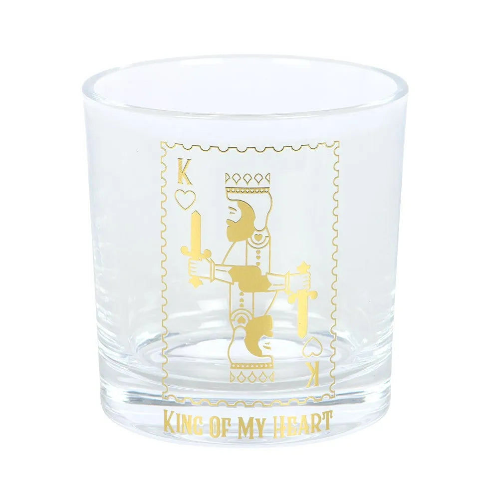 King of my heard glass with gold playing card design