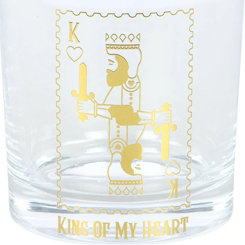King of my heard glass with gold playing card design