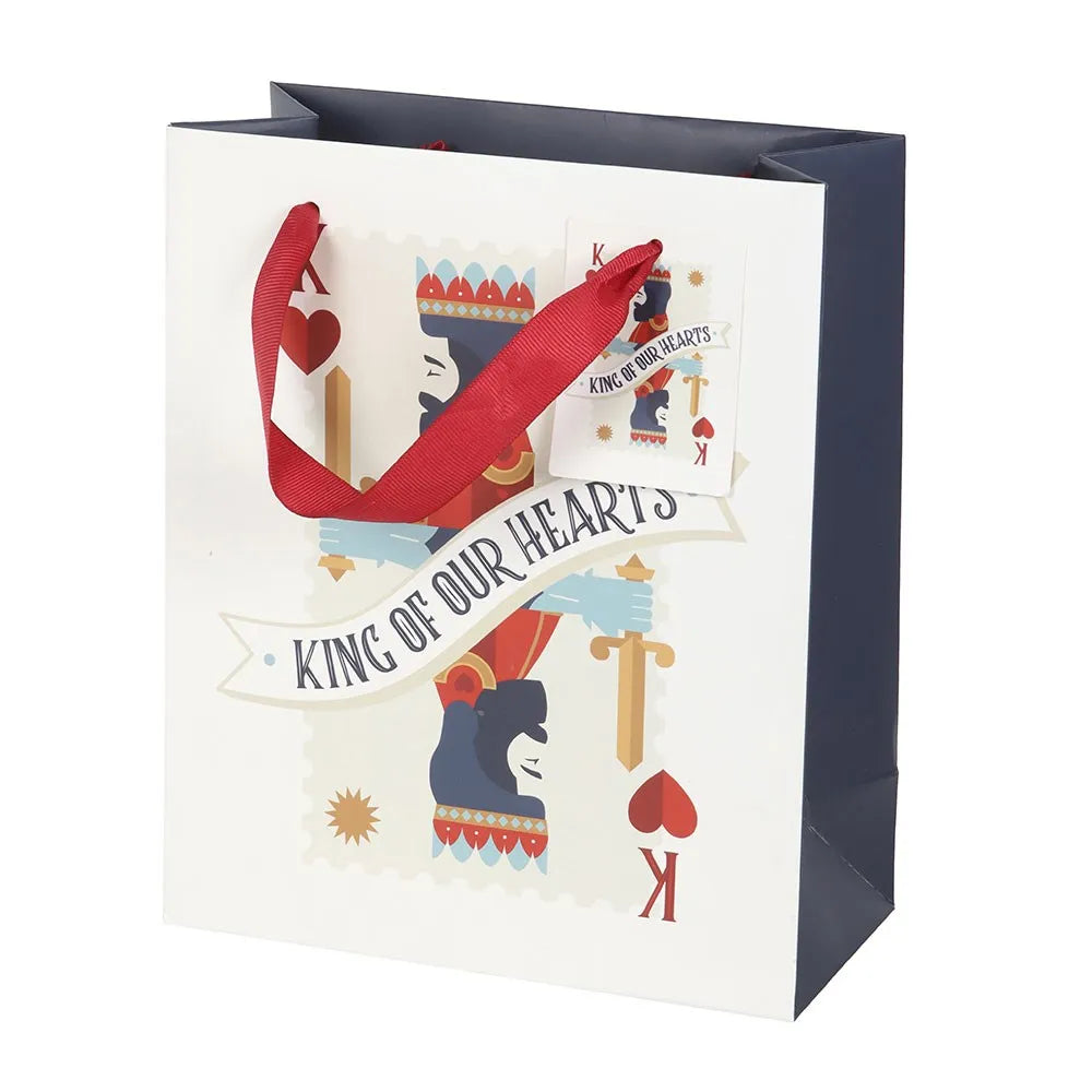 Gift bag with 'King of Our Hearts' text and decorative design on a white background