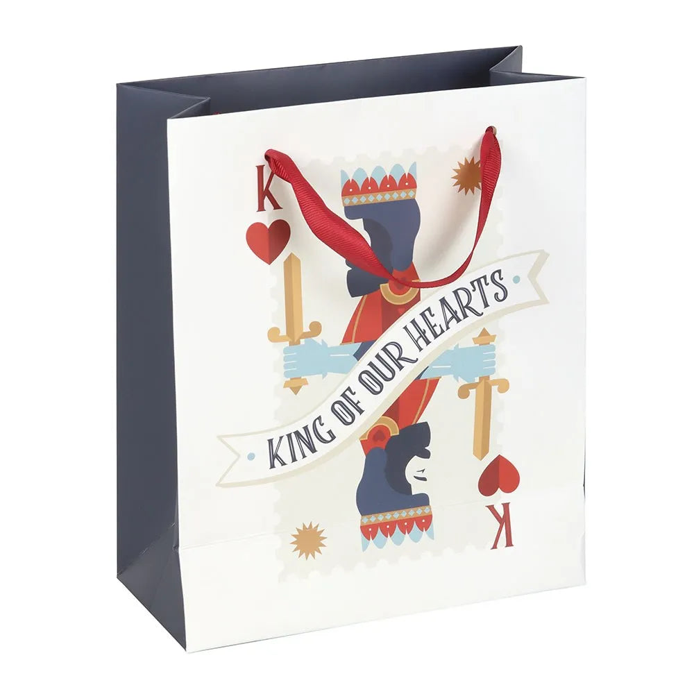 Gift bag with a decorative design of a king figure and text 'King of Our Hearts' on a white background.