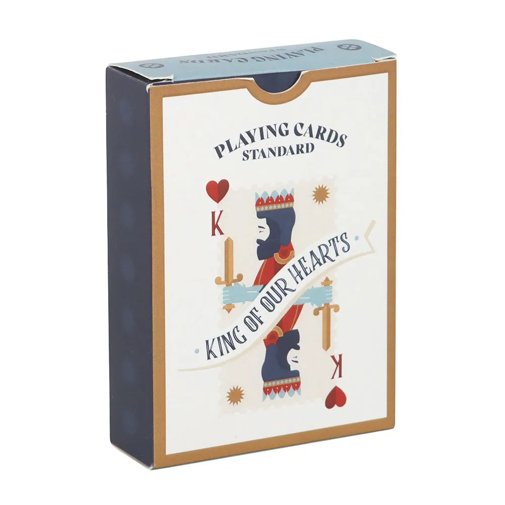 Playing cards packaging with 'King of Our Hearts' design on a white background