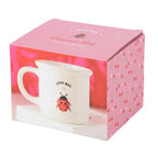 White mug with 'Love Bug' design in a pink packaging box