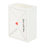 White vase shaped like an envelope with a red heart and 'Sent with love' text on a white background