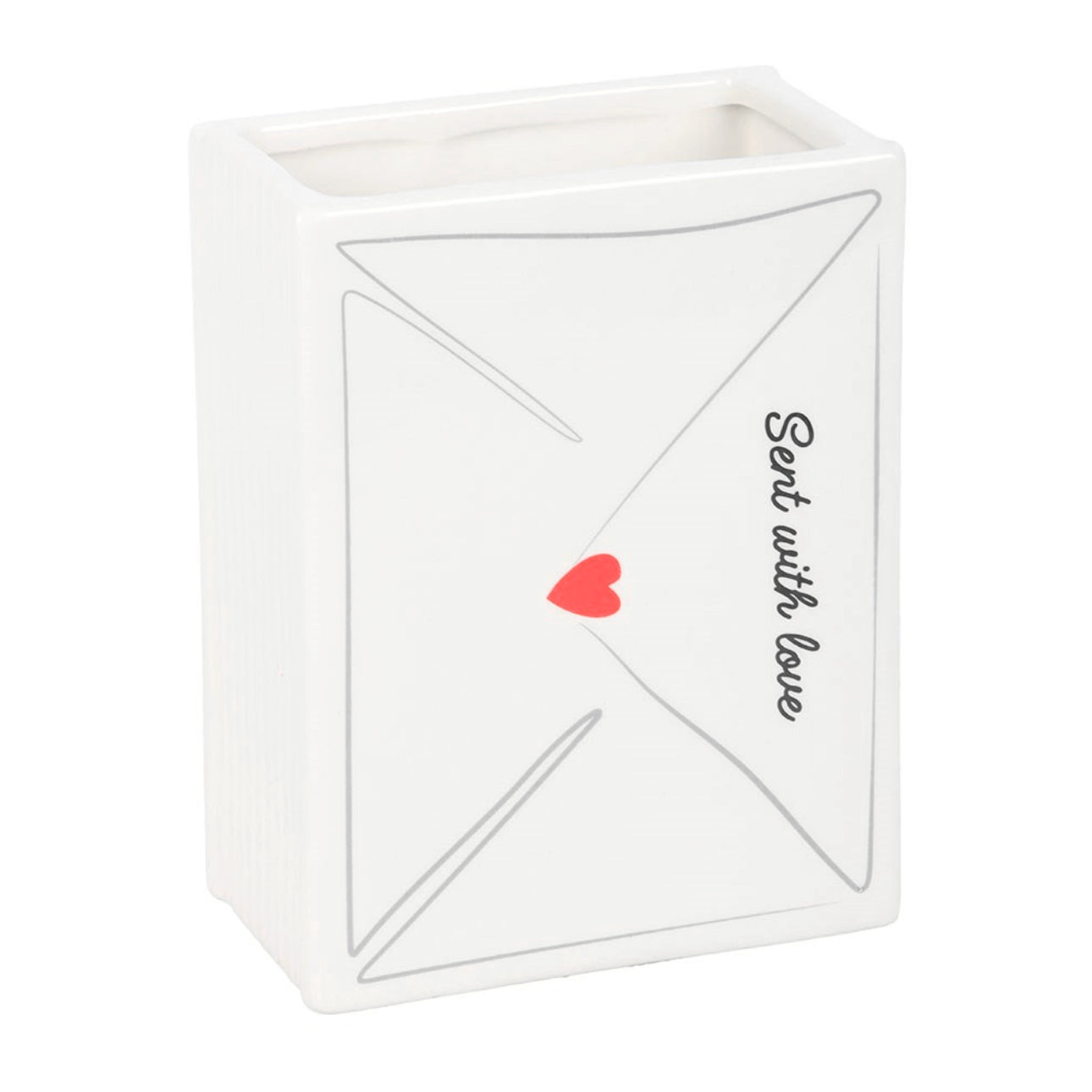 ceramic white vase shaped like an envelope with a red heart and 'Sent with love' text on a white background