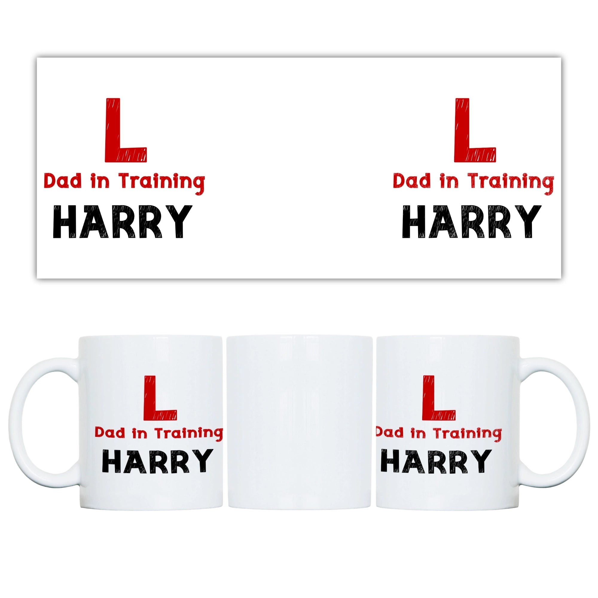 White mug with 'Dad in Training' text and logos on a white background