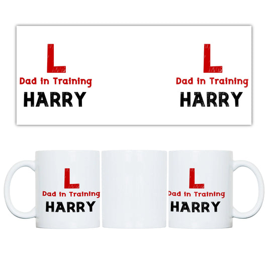White mug with 'Dad in Training' text and logos on a white background