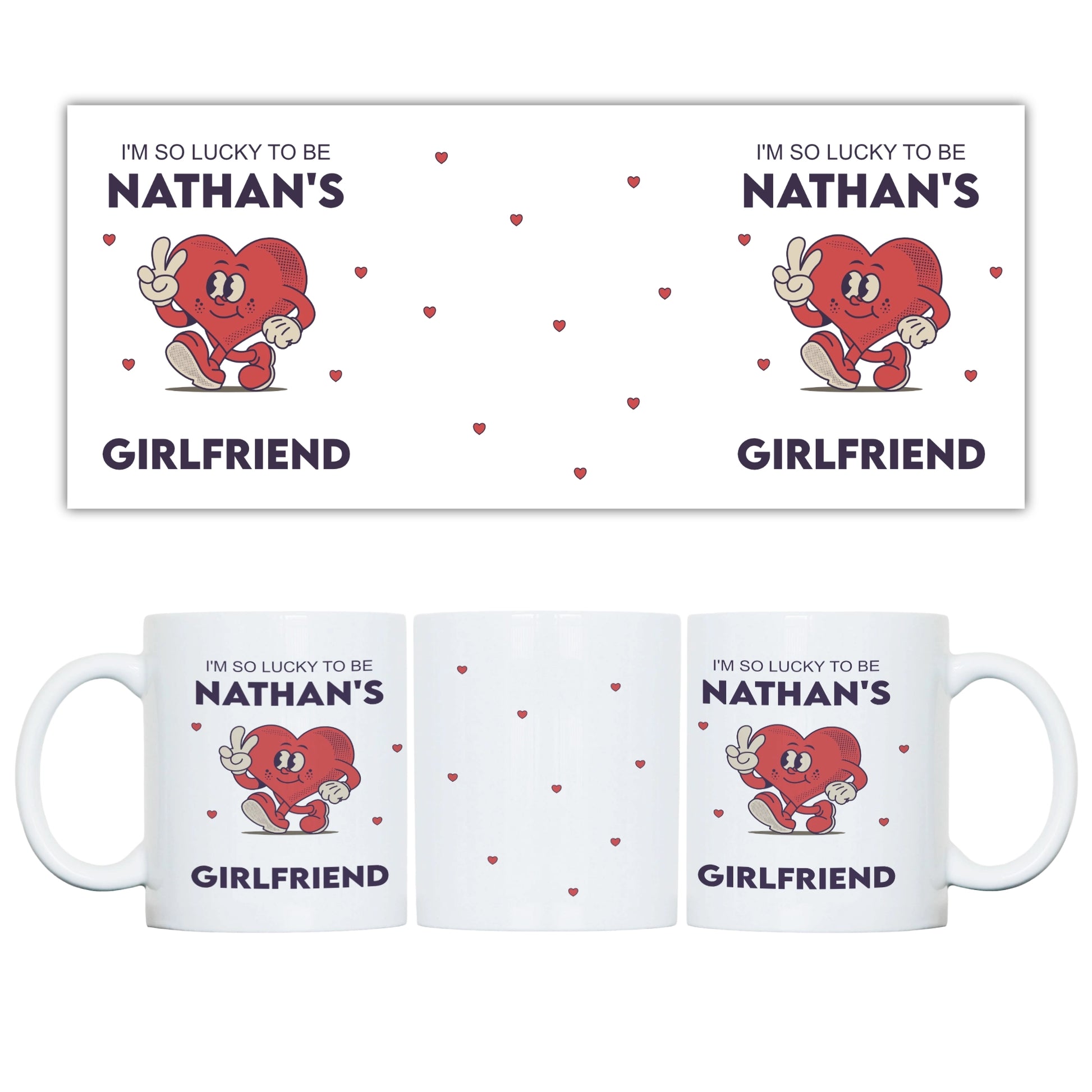 A mug with cartoon character and text 'I'm so lucky to be Nathan's Girlfriend' on a white background.