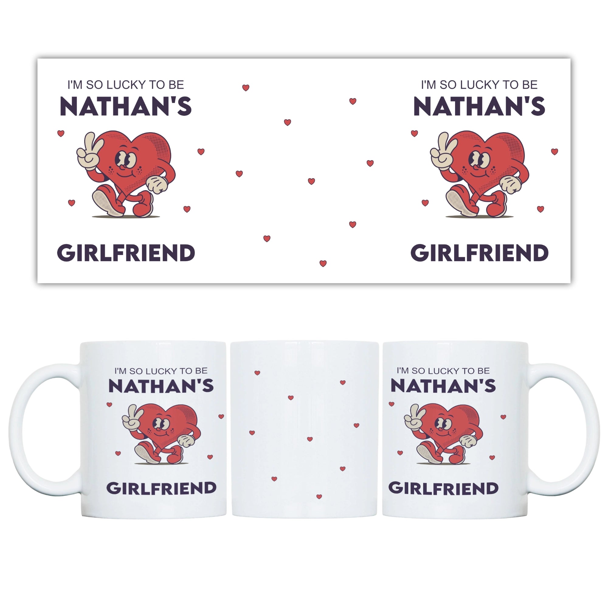 A mug with cartoon character and text 'I'm so lucky to be Nathan's Girlfriend' on a white background.
