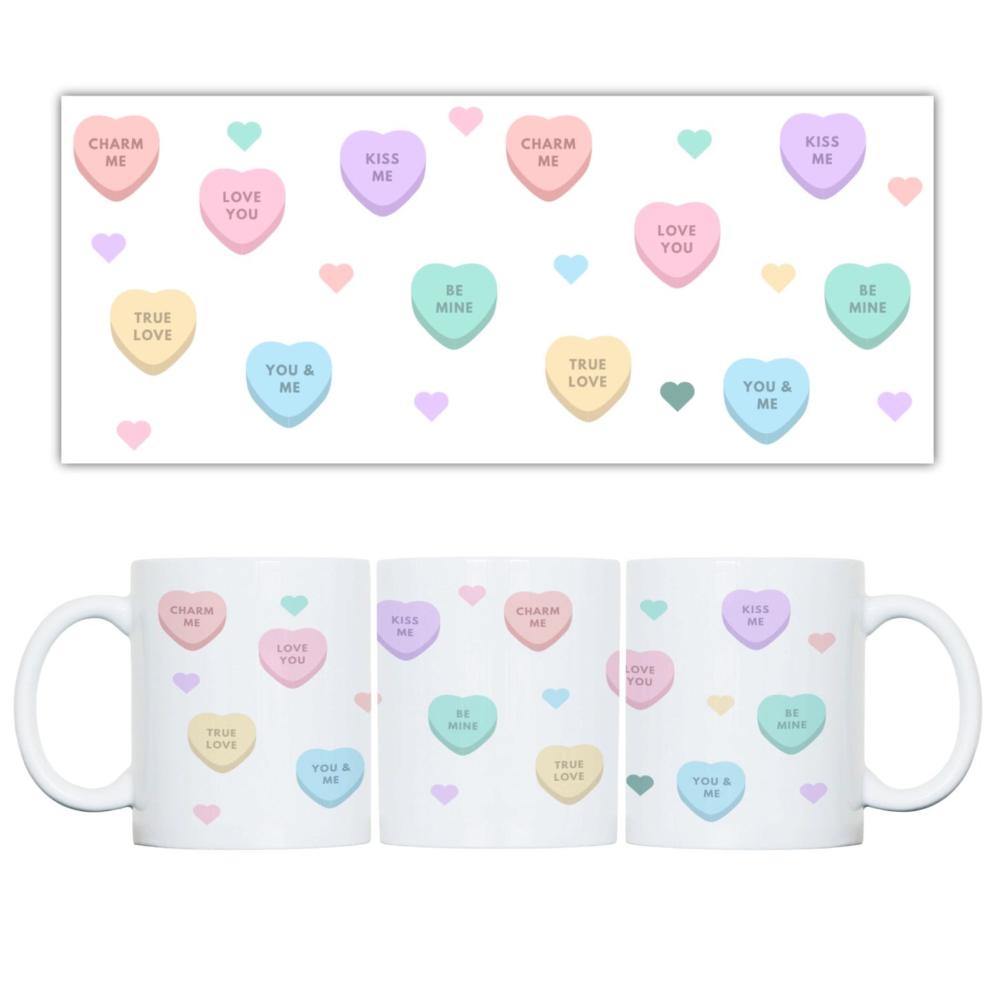 white mug with pastel-coloured love heart designs on a white background