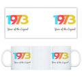 White mug with 'Year of the Legend' design on a white background