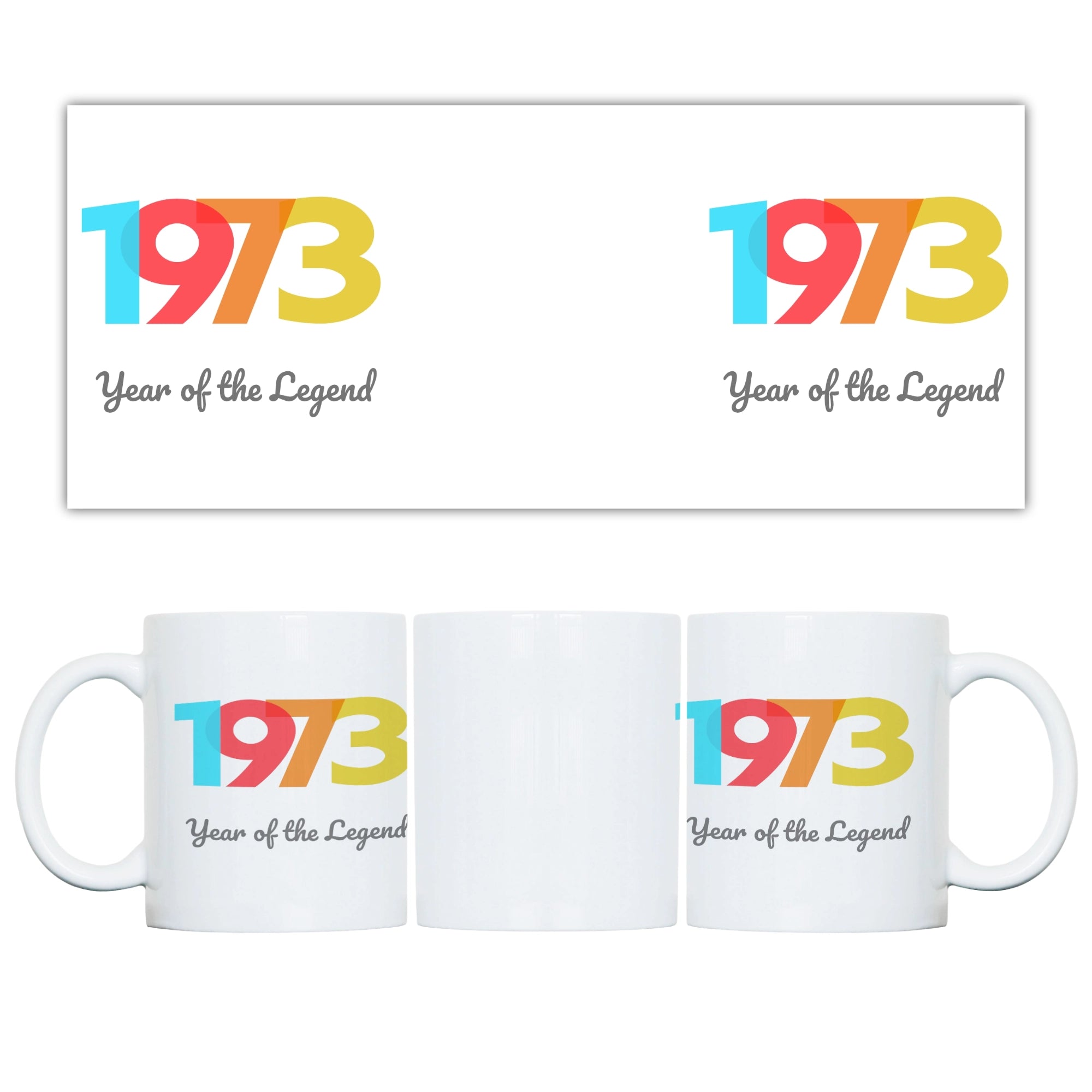 White mug with 'Year of the Legend' design on a white background