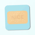 a coaster featuring a nice biscuit illustration on a blue background