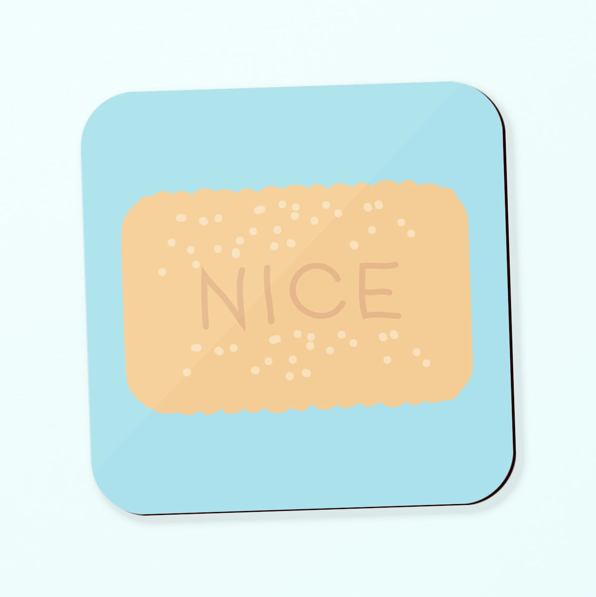 a coaster featuring a nice biscuit illustration on a blue background