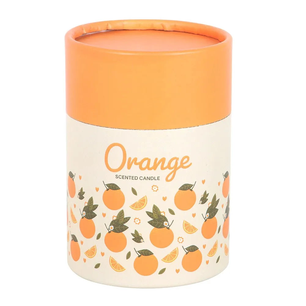 Cylindrical candle container with orange design and 'Orange' text on a white background