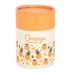 Cylindrical candle container with orange design and 'Orange' text on a white background