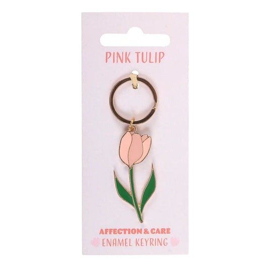 Pink tulip enamel keyring on a pink card with 'Pink Tulip' text