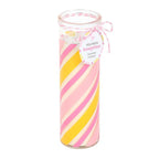 Candyfloss scented candle in a glass tube with pink and yellow swirl design on a white background