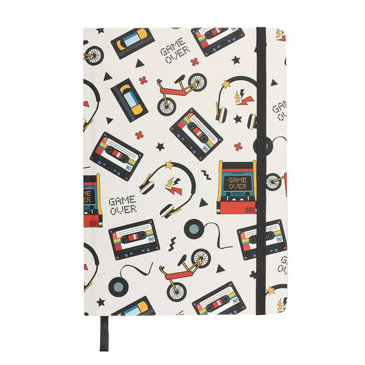 Notebook with retro design elements on a white background