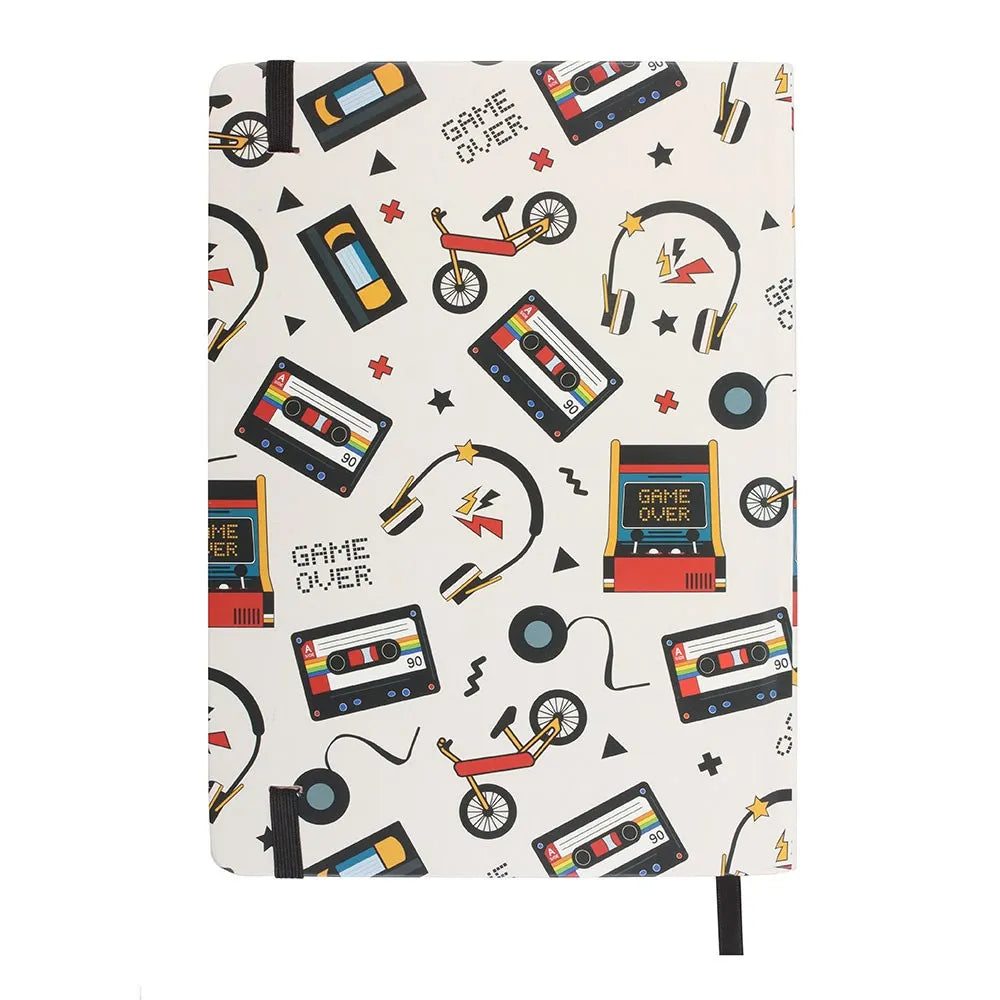 Notebook with retro design featuring cassettes, bicycles, and 'Game Over' text on a white background