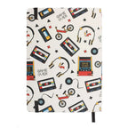Notebook with retro design featuring cassettes, bicycles, and 'Game Over' text on a white background