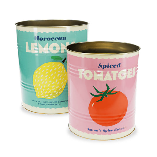Two metal storage tins labelled 'Moroccan Lemons' and 'Spiced Tomatoes' on a white background.