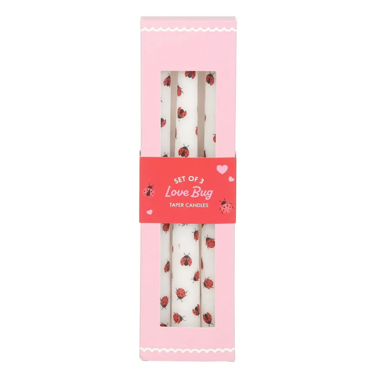 Set of 3 love bug taper candles in a pink packaging box with a red label.