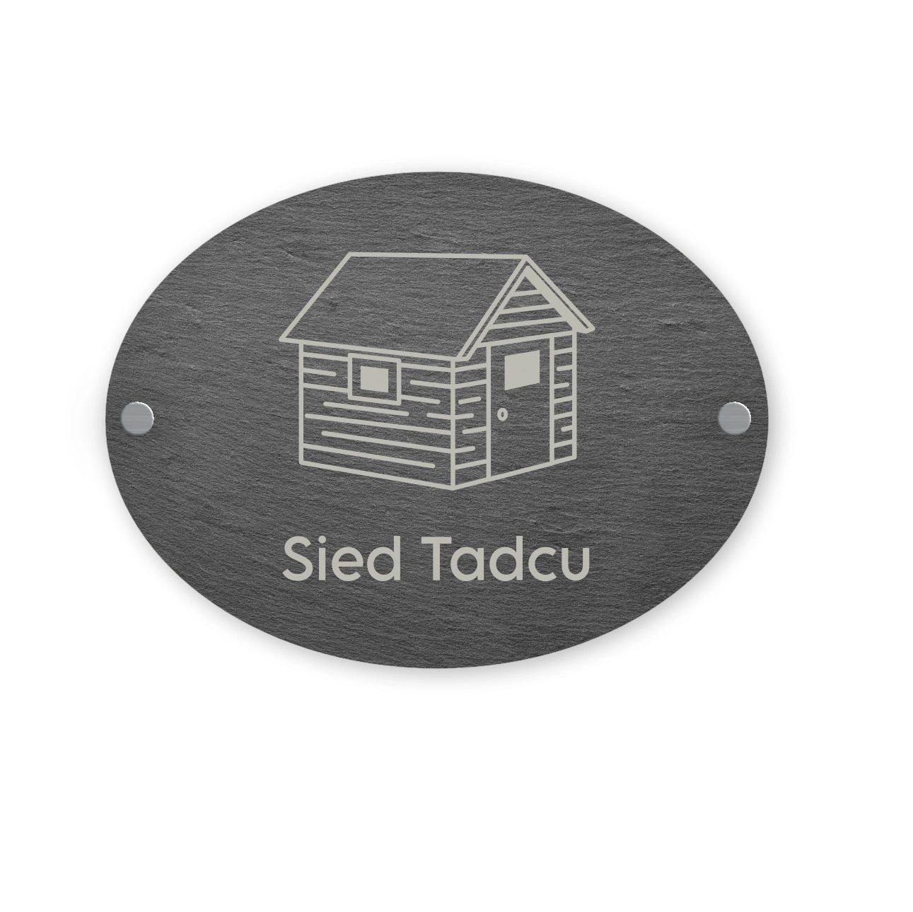 oval slate sign with sied tadcu welsh text and image of a shed