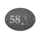 Oval slate house number sign with fox design and number 58 on a white background
