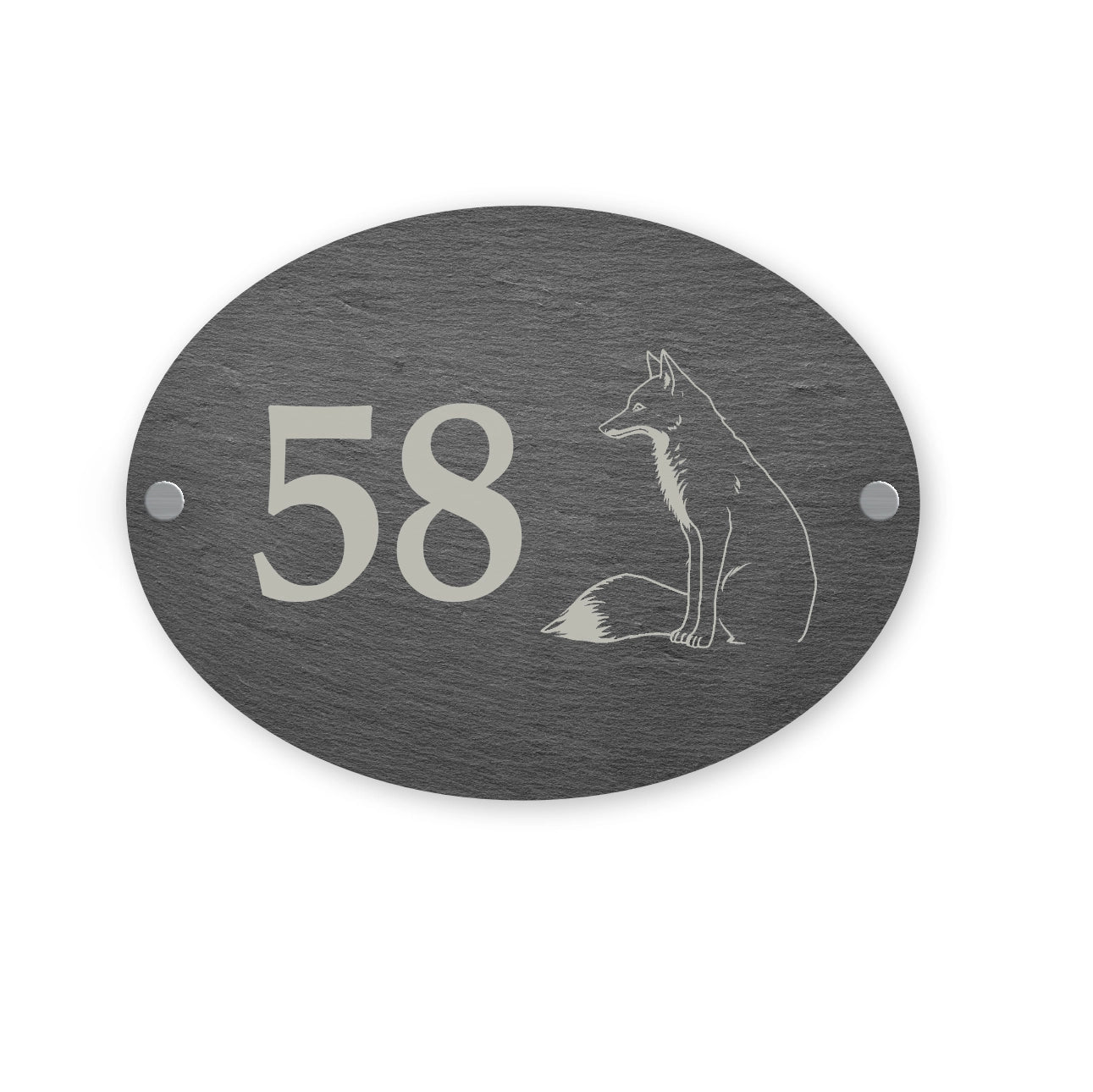 Oval slate house number sign with fox design and number 58 on a white background
