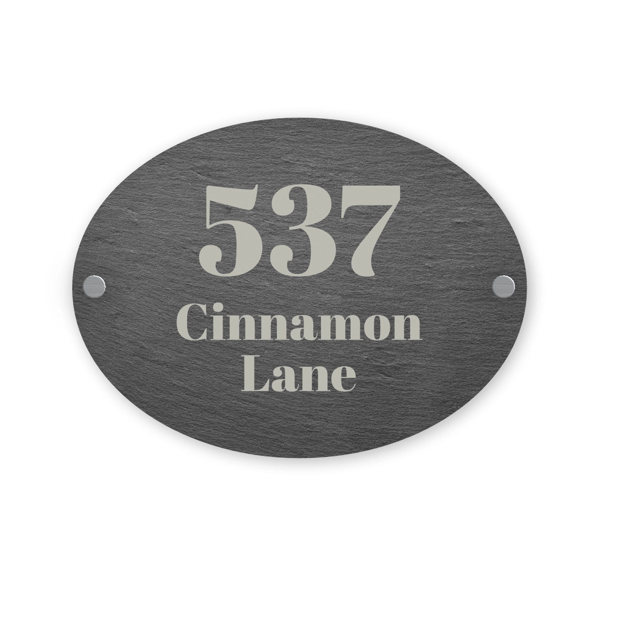 Slate oval house number sign with '537 Cinnamon Lane' text on a white background
