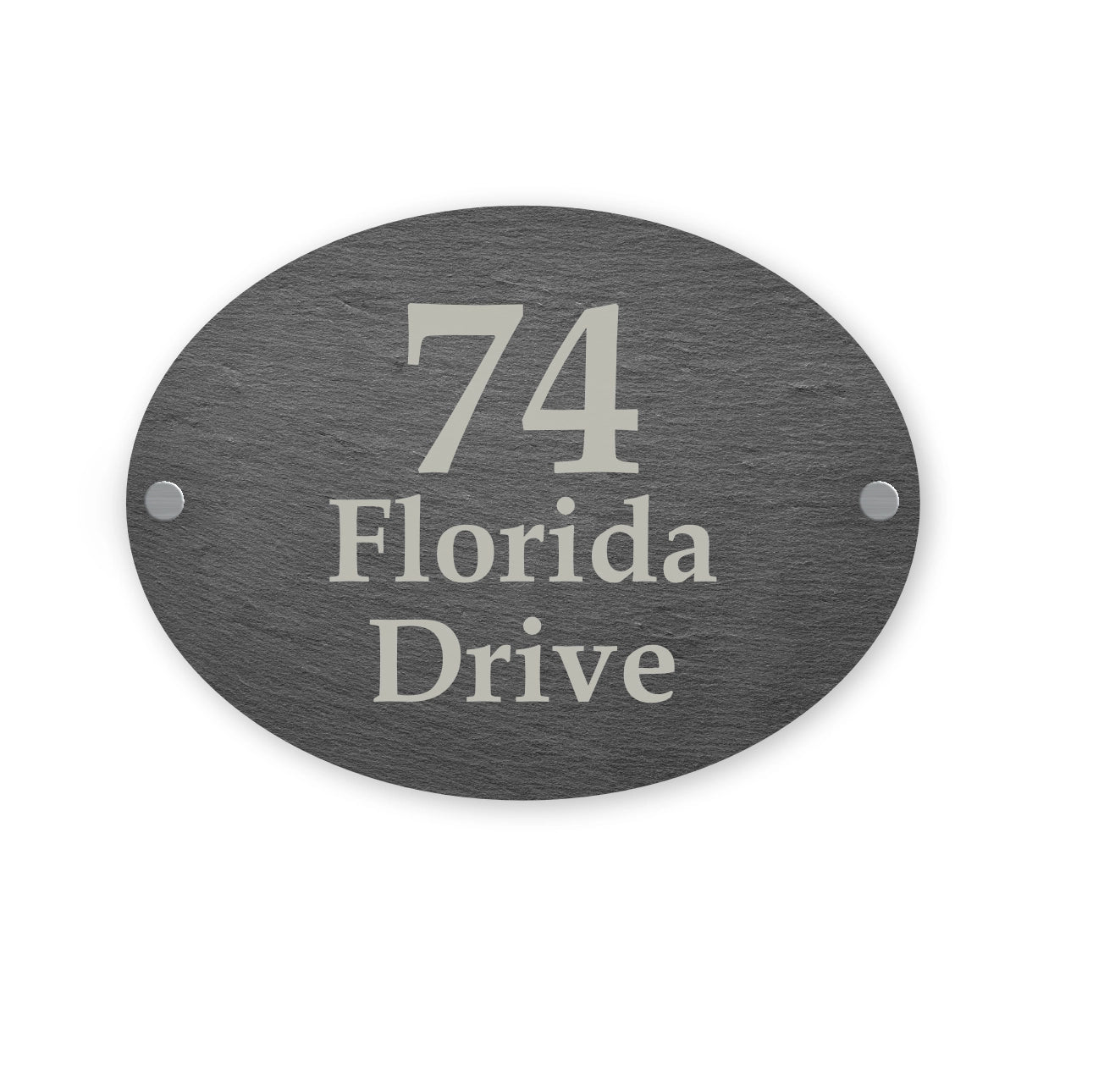 Slate house sign with '74 Florida Drive' text on a white background