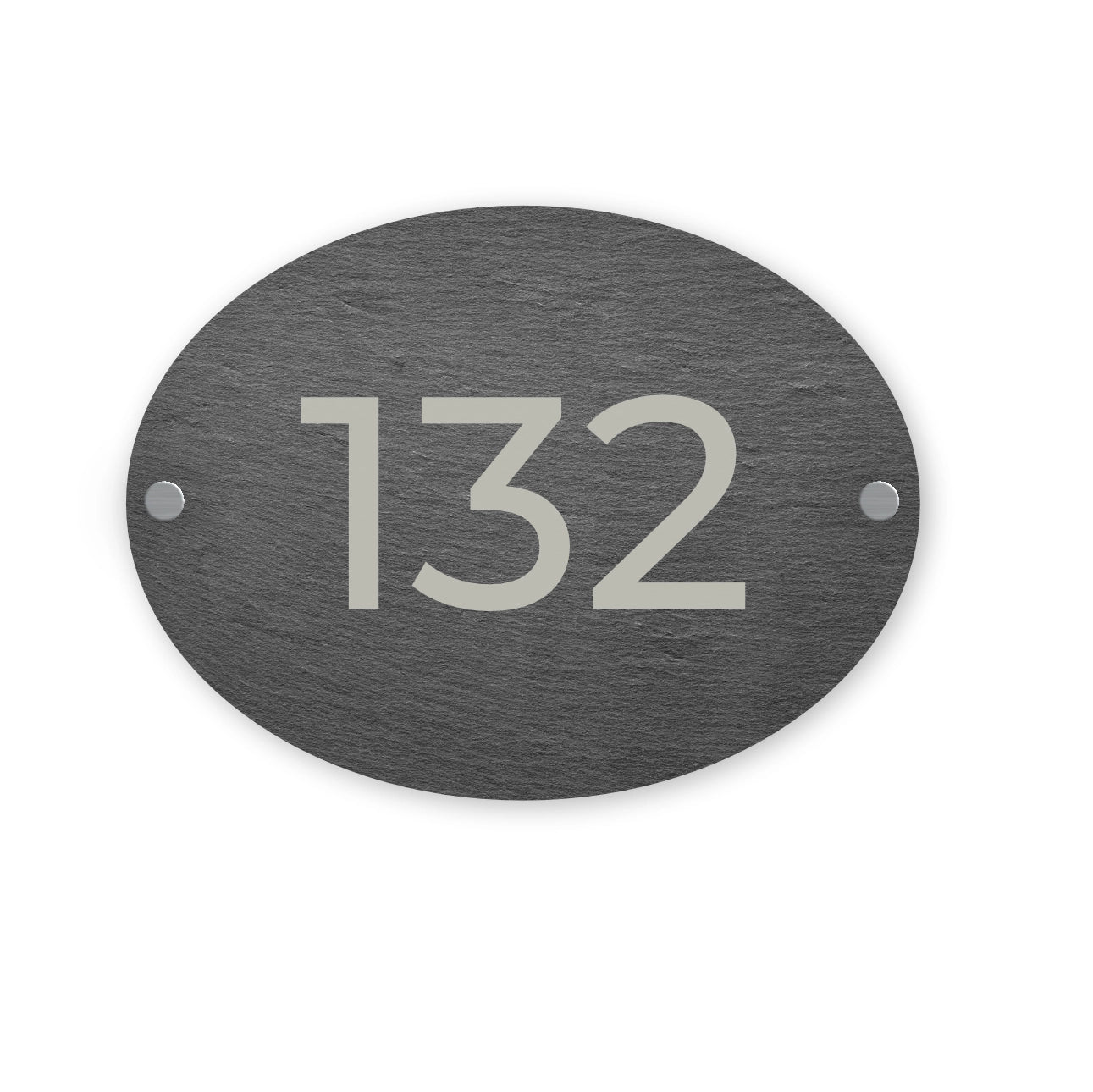 Slate oval house number sign with '132' on a white background