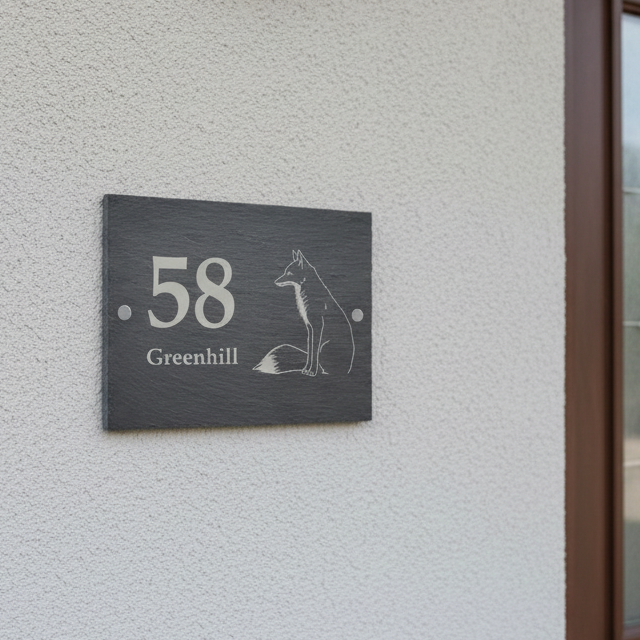 slate sign House number 58 sign on a grey wall next to a brown door.